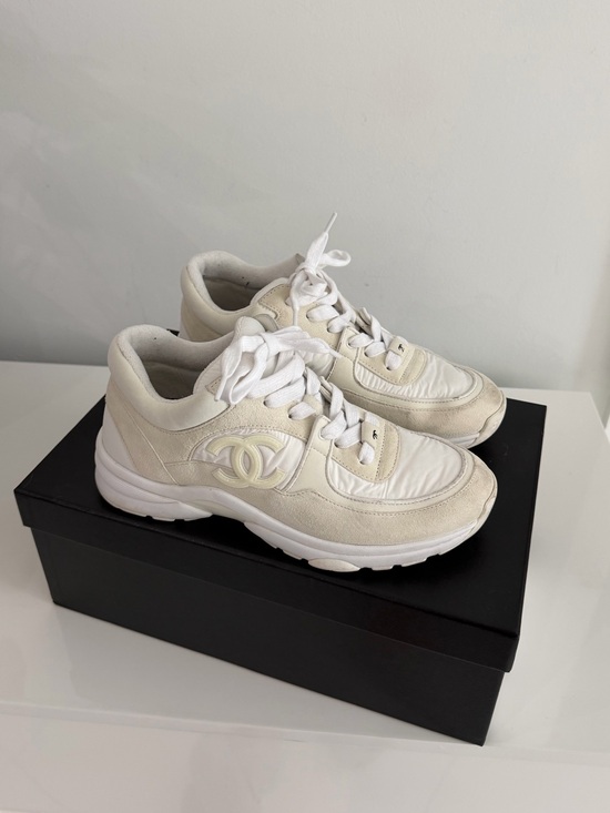 CHANEL Shoes - CHANEL Cream & White Leather Suede Lace-Up Sneakers